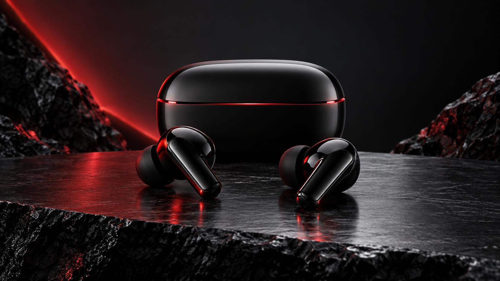Auriculares inalámbricos premium sobre fondo negro y rojo